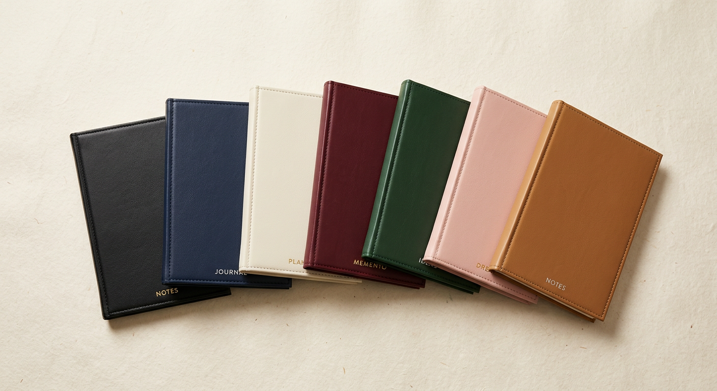 A row of personalized planners in different cover finishes